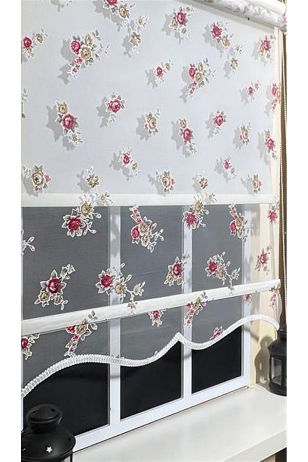 StorBurada-Double Mechanism Floral Print Tulle and Ecru Roller Blinds - St 045 1