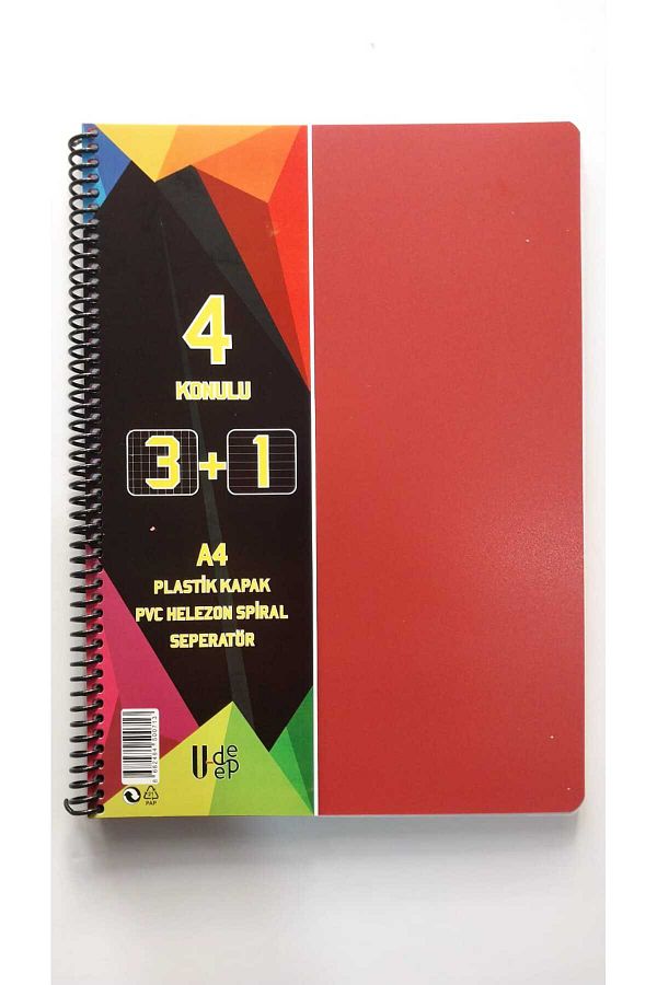 Glanart-a4 size 3+1 bookmark notebook dersane notebook (3 squares 1 lines)120 sheets udp RED 1
