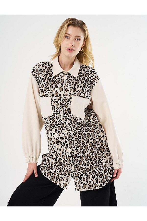Kayra-Elastic Drawstring Leopard Pattern Jacket Black 1