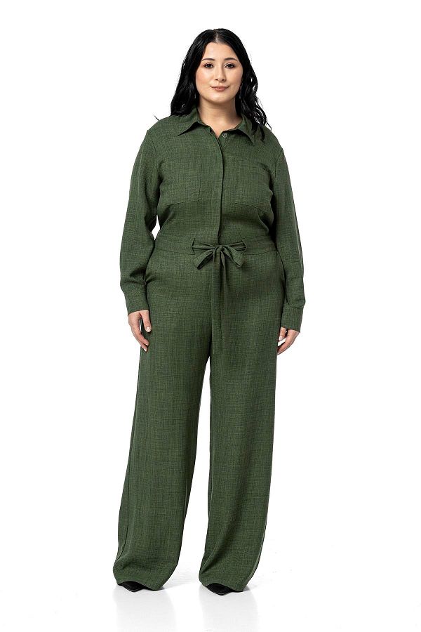 DISENTIS MODEST-Plus Size Wide Leg Khaki Jumpsuit with Tunnel Waist and Elastic Back 1