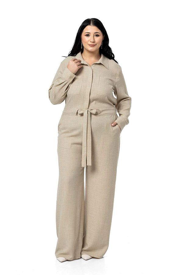 DISENTIS MODEST-Plus Size Wide Leg Beige Jumpsuit with Tunnel Waist and Elastic Back 1