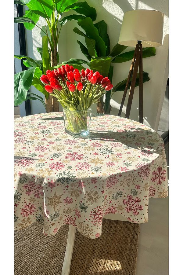 Decamor home-Laceless Stain Resistant Snowflake Pattern Ecru Round Tablecloth 1