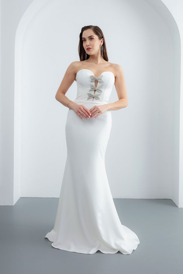 Lafaba-Women's White Strapless Bow Detail Long Promise Engagement Wedding Evening Dress 1