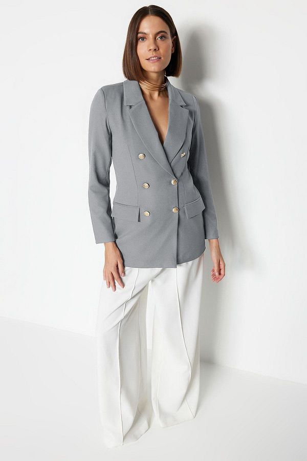 Trendyol Collection-Graue, übergroße, gefütterte, zweireihige Blazerjacke aus Webstoff TWOSS20CE0024 1