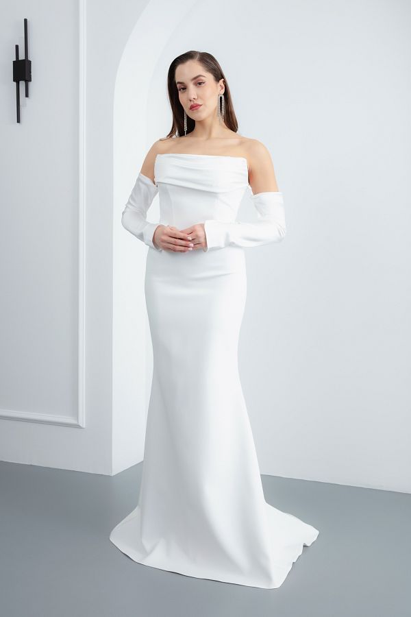 Lafaba-Women's White Collar Detailed Fish Evening Dress 1