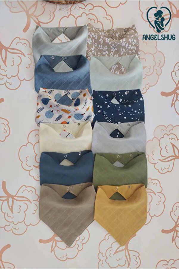 AngelsHug %100 Organik Müslin Çift Katlı Bebek Fular & Yakalık Mama Önlüğü & Salya Önlüğü Bez 12 ADET 40 CM