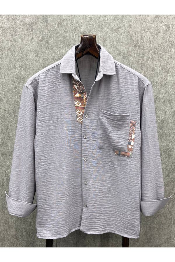 FıttingRoom-Oversize Bohemian Agartha Gray Cotton Linen Shirt 1