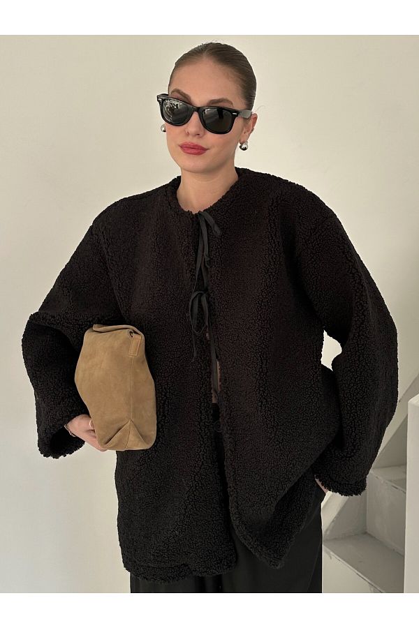 Laluvia-Schwarze Teddyjacke mit Schnürung vorne-7328 1