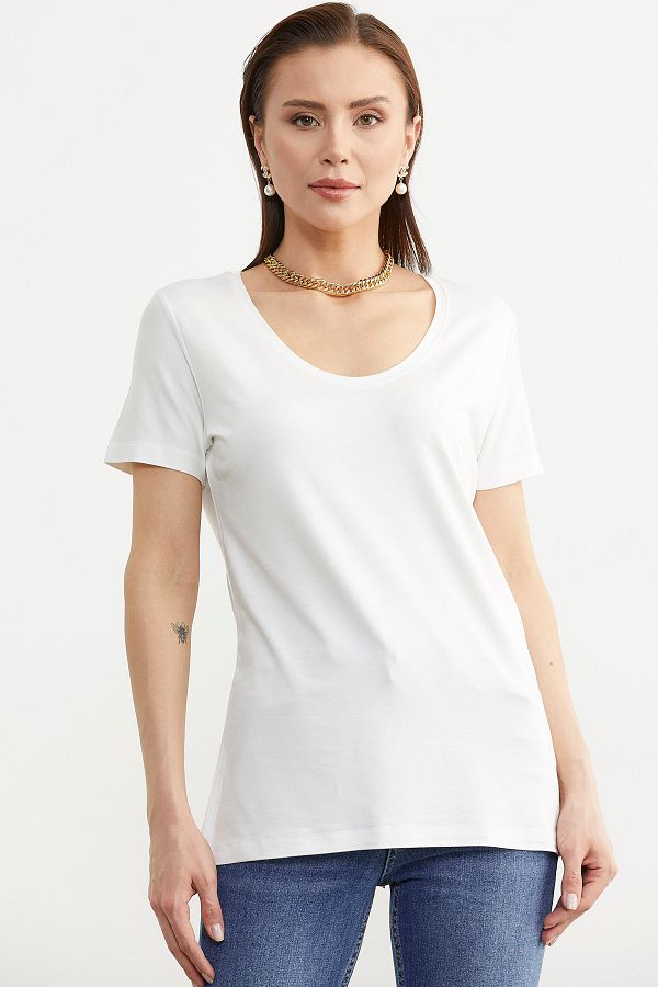 Sementa-Ecru Combed Cotton T-Shirt - Open Collar and Flowy Design 1