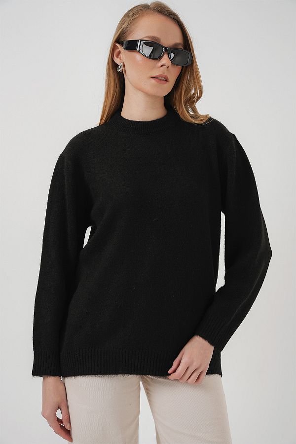 Bigdart-15895 Übergroßer, schlichter, schwarzer Strickpullover 1