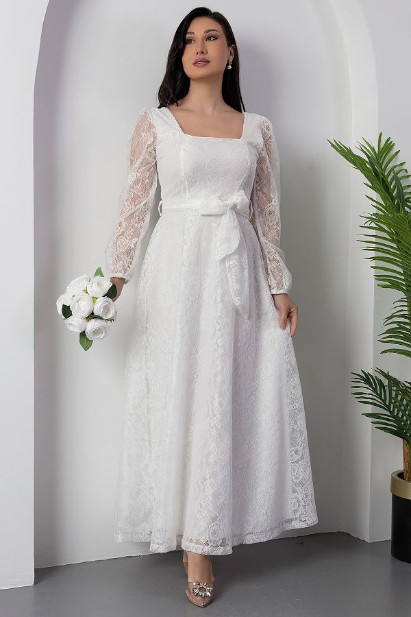 PULLIMM-Square Neck Lace Dress with Belt Ap-0222 1