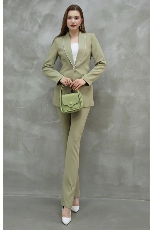 ZF BUTİK-Khaki Women's Jacket and Trousers Set - Silver Detailed 1