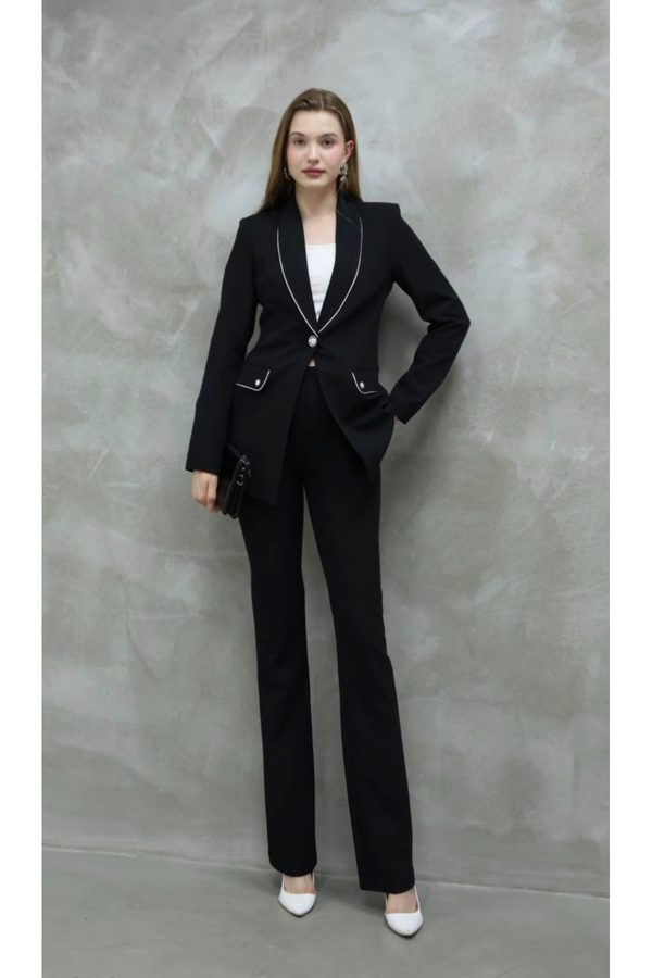 ZF BUTİK-Black Women's Silver Detailed Classic Jacket and Trousers Set 1