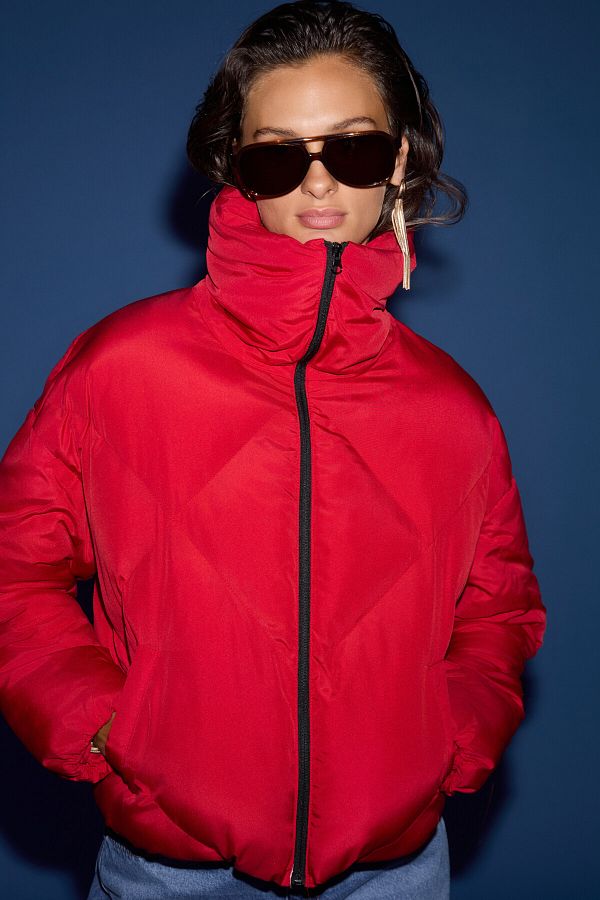 GRIMELANGE-Manon Women's Stand Collar Quilted Patterned Medium Thickness Windproof Inflatable Outerwear Red Coat 1