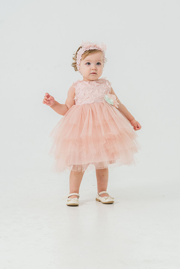 Eray Kids Kız Bebek Abiye Elbise Kelebekli Kat Kat Etekli Doğum Günü Bebek Elbisesi 6-18 Aylık