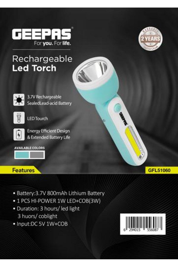 Geepas-Rechargeable LED Torch- Sturdy Housing with COB and Hi-Power LED| 3 Hours Working Time 1