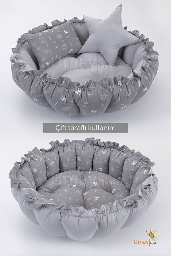 Umaybebek 3'lü Set Yatak Ve Yastık, Yuvarlak Babynest, Oyun Halısı, Bebek Yatağı