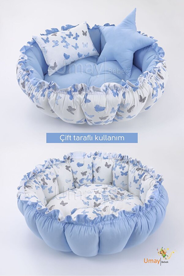 Umaybebek 3'lü Set Yatak Ve Yastık, Yuvarlak Babynest, Oyun Halısı, Bebek Yatağı