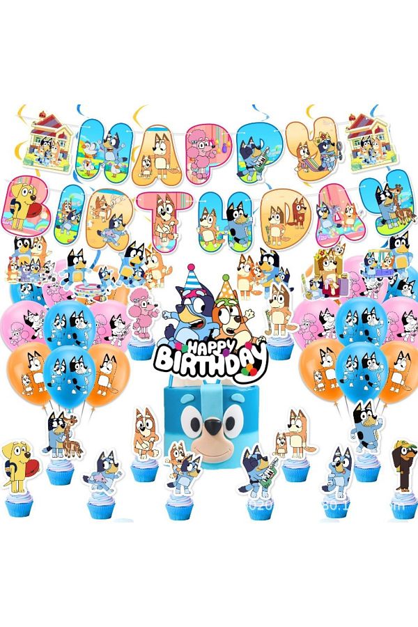 Choice-Suit Cartoon Cute Bluey Family Dog Birthday Party Supply Disposable Banner Cake Topper Hanging Flag 1