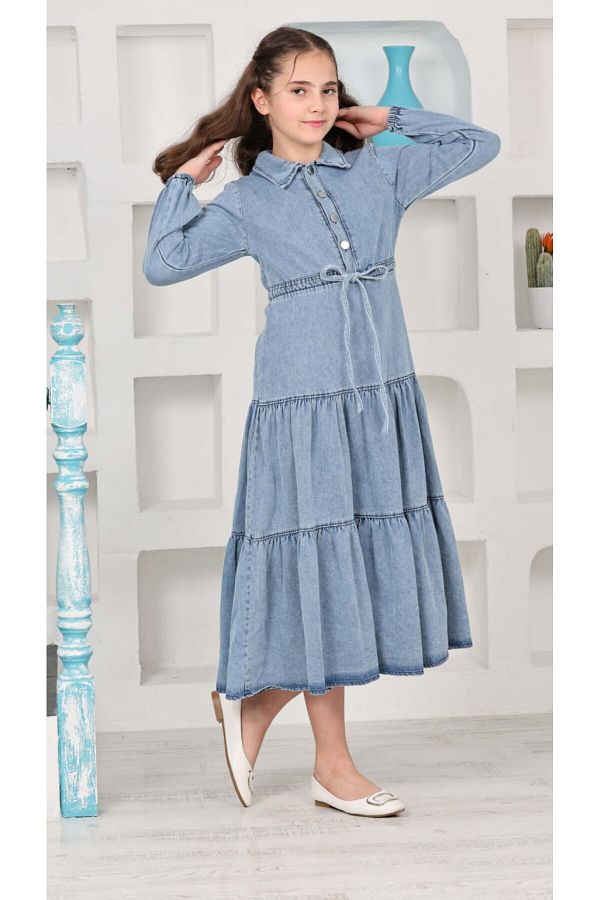 DUBAİ ÇOCUK-Girl's Length Button Detailed Denim Dress 1