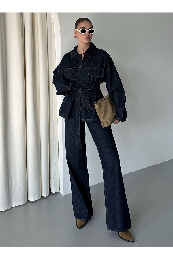 Laluvia Navy Blue Laced Denim Jacket Pants Set- 240274 /275 Laluvia Navy Blue Laced Denim Jacket Pants Set- 240274 /275