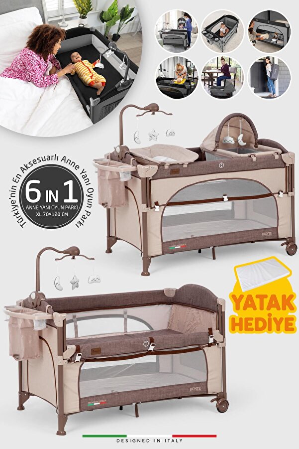 Elele Bonte 2 6in1 Lüks Anne Yanı Oyun Parkı Park Yatak Xl 70x120 Cm Kahverengi Yatak Hediye