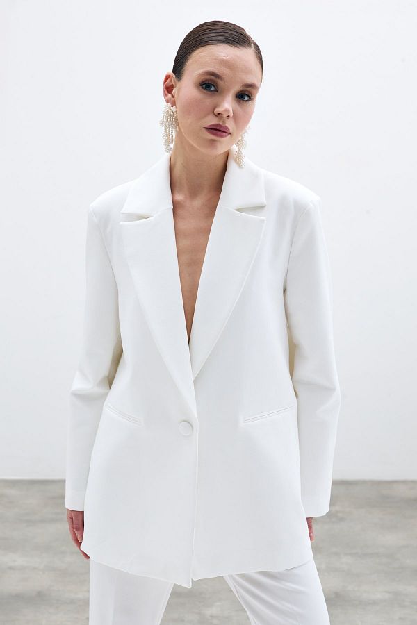 Sateen-Front Single Button Long Jacket - Ecru 1