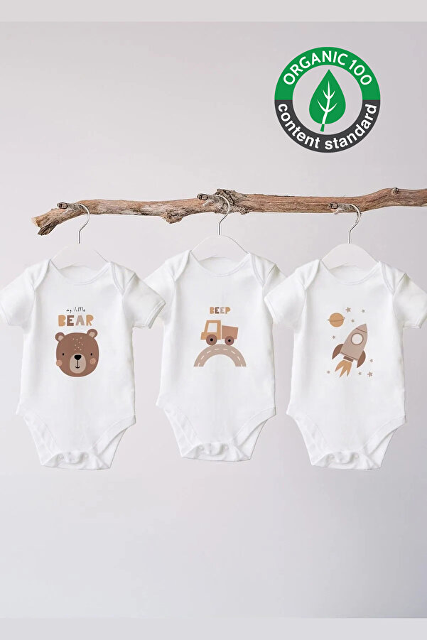 Lilabio %100 Organik Pamuk 3lü Baskılı Kısa Kollu Bebek Body Ayıcık