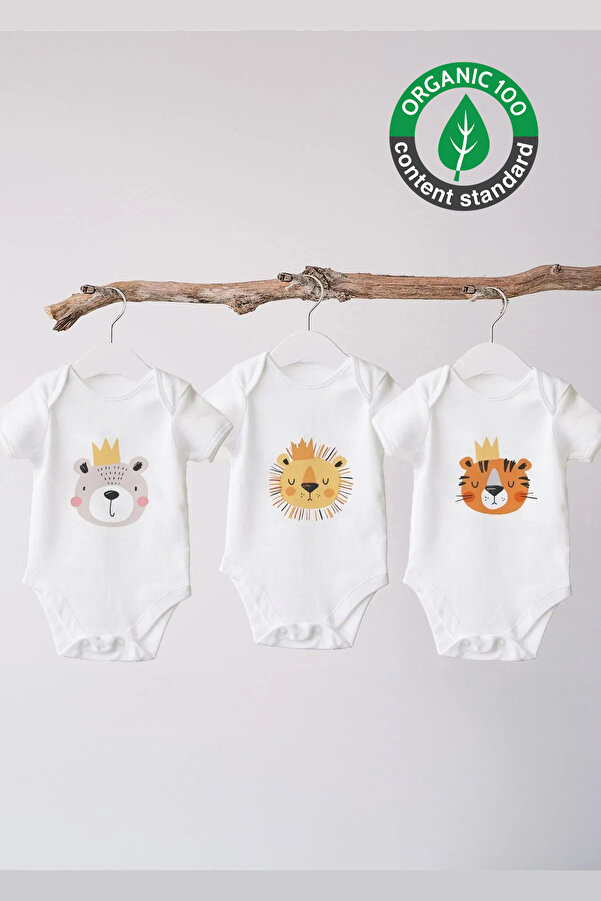 Lilabio %100 Organik Pamuk 3lü Baskılı Kısa Kollu Bebek Body Kaplan