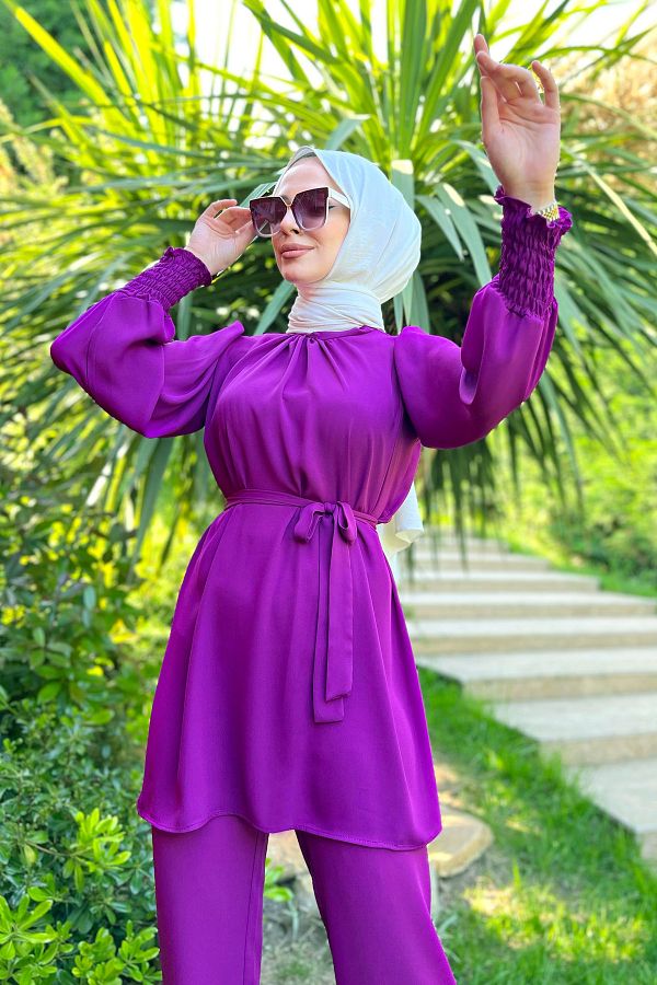 TOFİSA-Women's Purple Tunic Pants with Straight Judge Collar - 13019 1