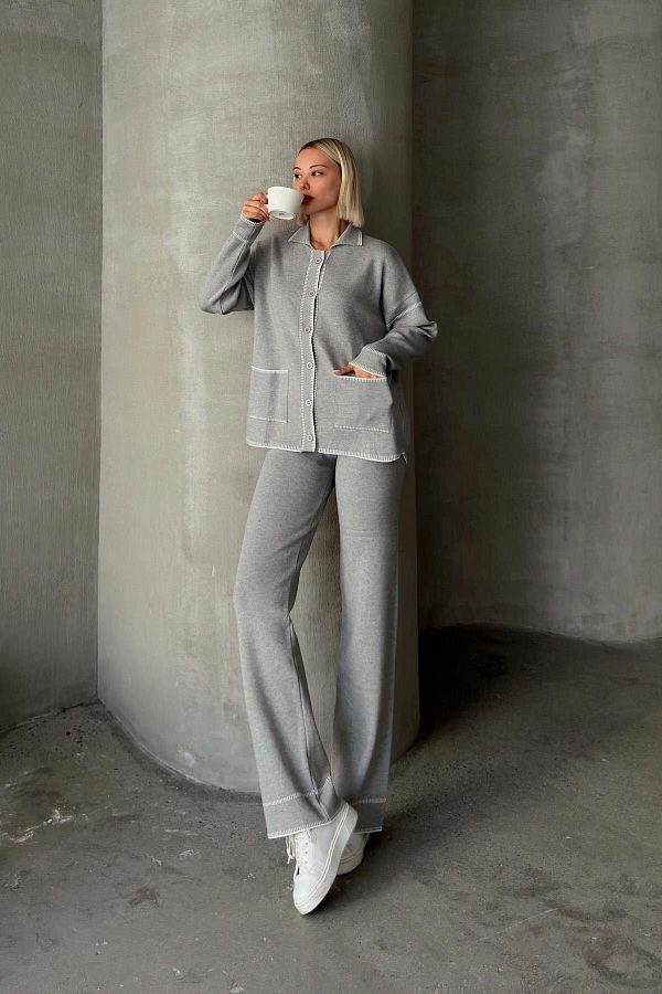 Olcay-Gray Double Knitwear Set - Shirt Collar and Shepherd's Stitch 9239-Tk 1