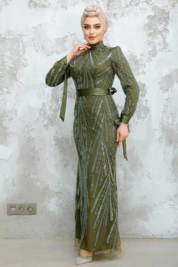 Neva Style-Beaded Khaki Hijab Evening Dress 47631Hk 1