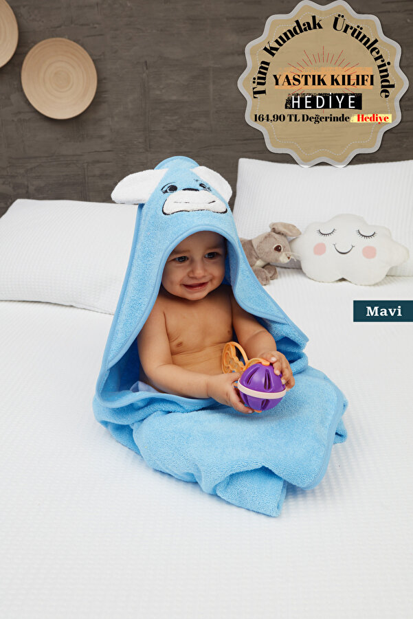 Mislina Home Pupy Bear Pamuklu Kapşonlu Kız-erkek Yenidoğan Bebek Kundak Havlusu Nakış Işlemeli Mavi 100x100cm