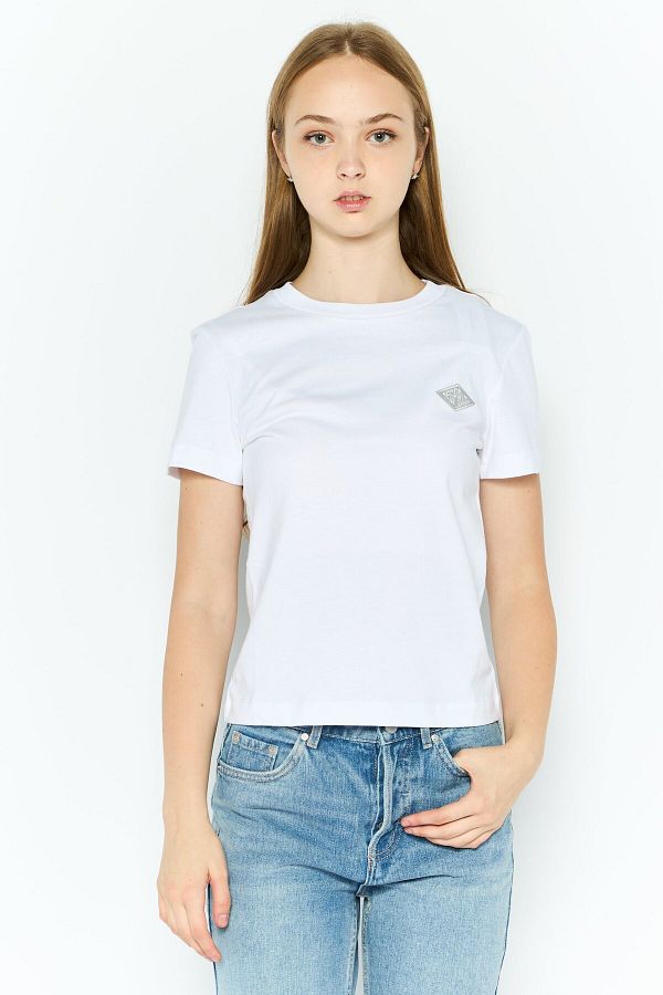 Esprit-Women Round Neck Short Sleeves Brand Logo T-Shirt, White 1
