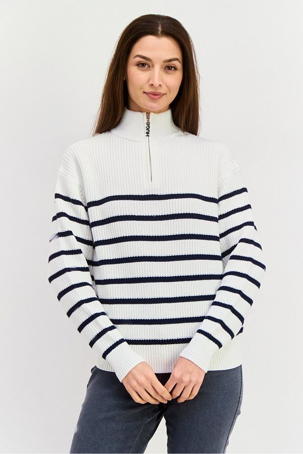 Hugo by Hugo Boss-Women High Sleeve Stripe Sweater, White 1