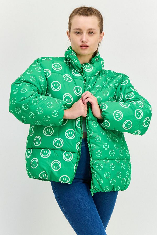 NATIVE YOUTH-Women Oversized Graphic Print Puffer Jacket, Green 1