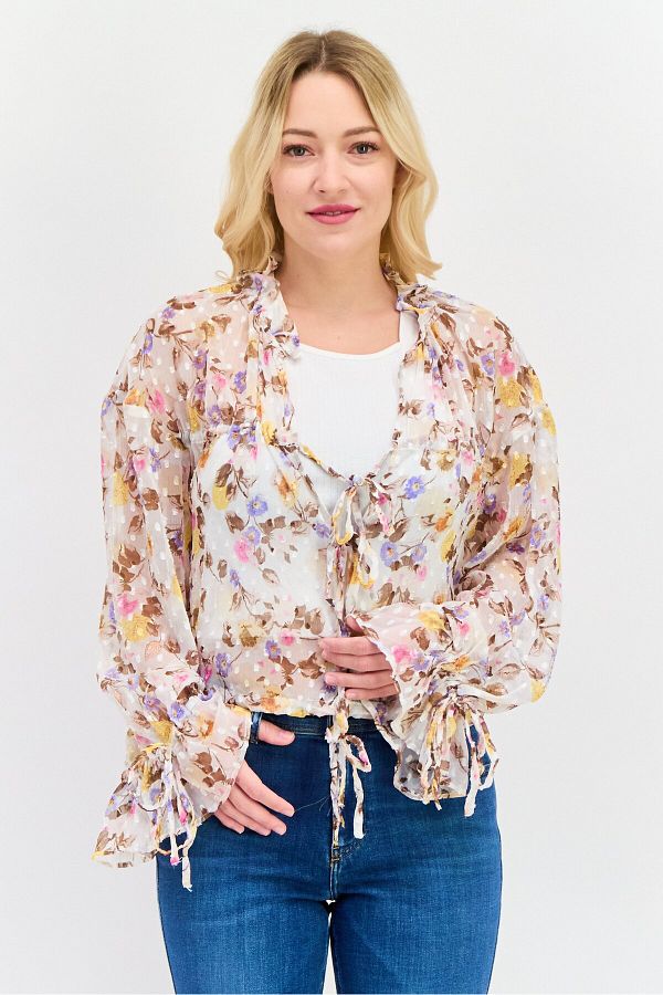 Asos Design-Women Ruffle Neck Long Sleeves Floral Print Blouse, Beige 1