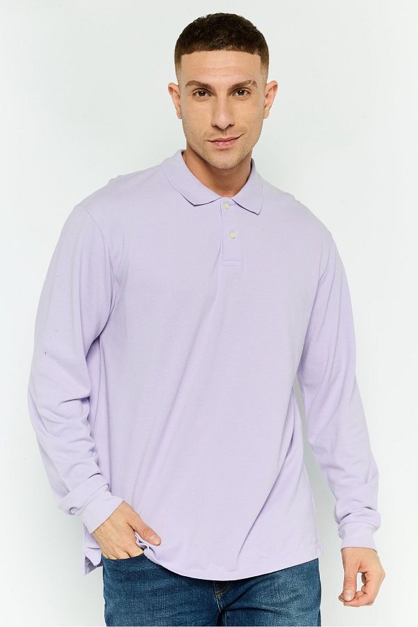 GAP-Men Regular Fit Textured Long Sleeves Polo Shirt, Light Purple 1