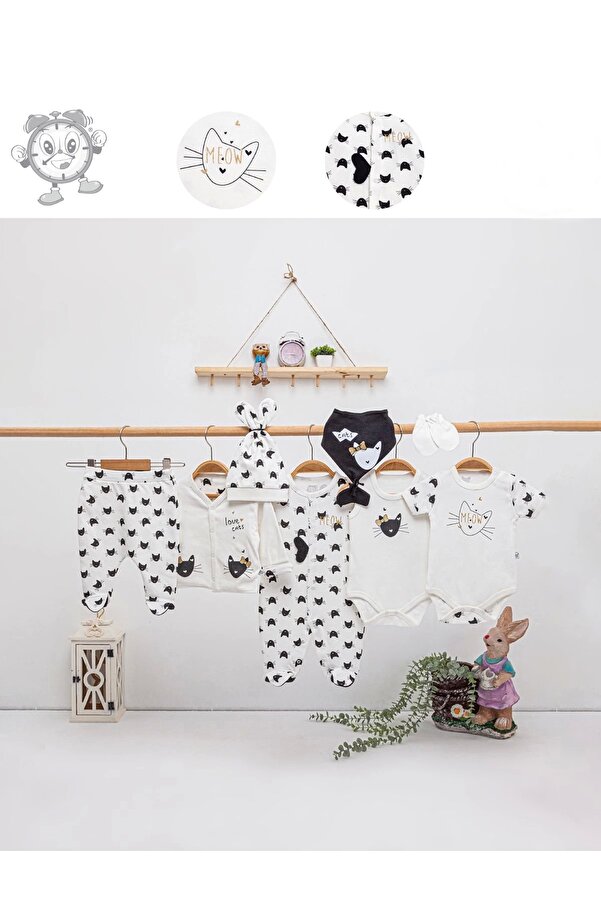 İmaj Yenidoğan Kız Bebek 8 Parça Siyah Kedili Bej Zıbın Seti %100 Pamuk Hastane Çıkışı, 8'li Bebek Takımı