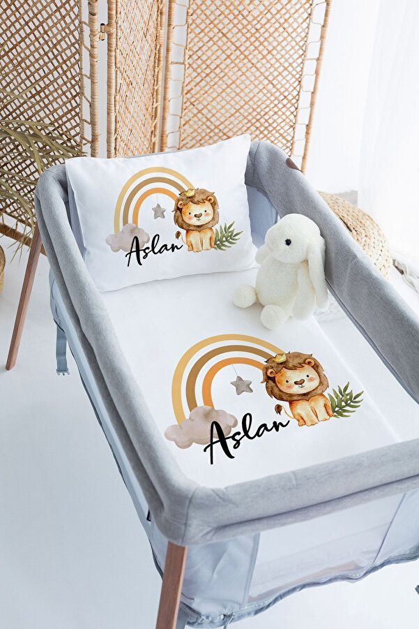 Lilabio %100 Pamuk Saten İsme Özel İsimli 70x120 Park Yatak Nevresim Seti Aslan