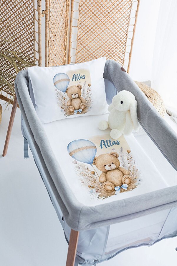 Lilabio %100 Pamuk Saten İsme Özel İsimli 70x120 Park Yatak Nevresim Seti Ayıcık