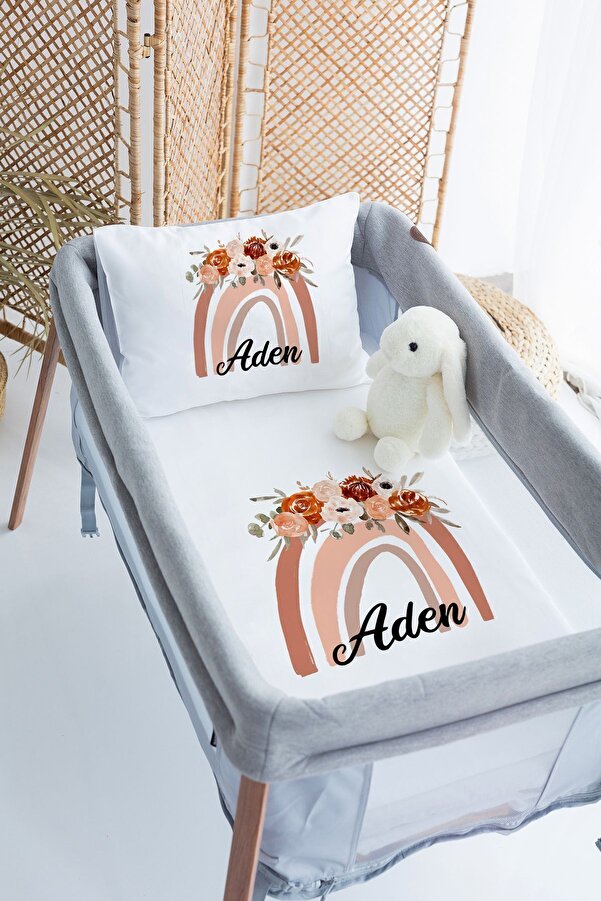 Lilabio %100 Pamuk Saten İsme Özel İsimli 70x120 Park Yatak Nevresim Seti Çiçekli Gökkuşağı