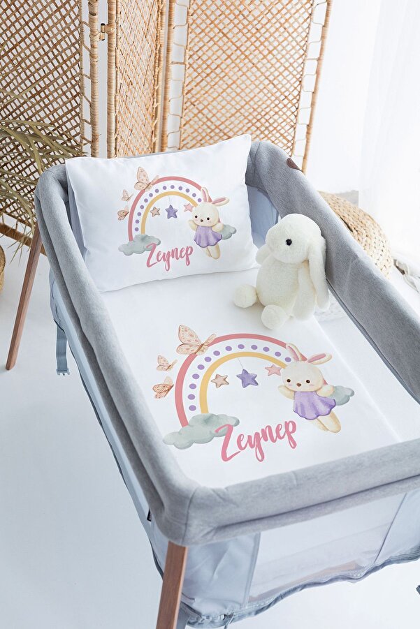 Lilabio %100 Pamuk Saten İsme Özel İsimli 70x120 Park Yatak Nevresim Seti Tavşan