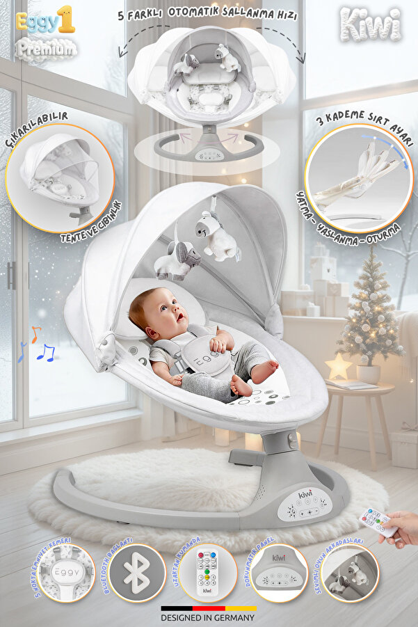 Kiwi EggyOne Elektrikli Otomatik Sallanan Bebek Ana Kucağı, 5 Farklı Sallanma Hızı, Oyuncaklı- Dove