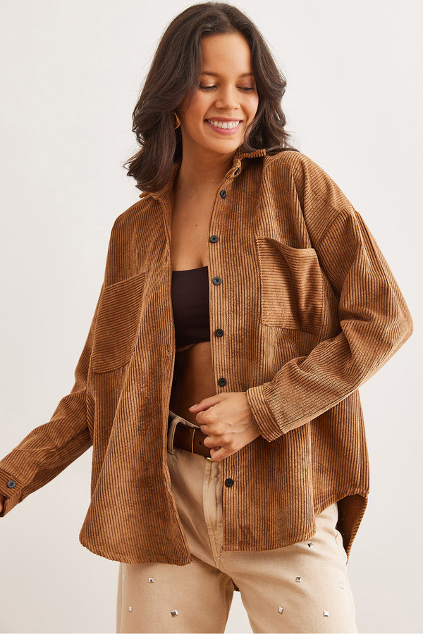 Olalook-Women's Milk Coffee Double Pocket Thick Corduroy Shirt Gml- 19001263 1
