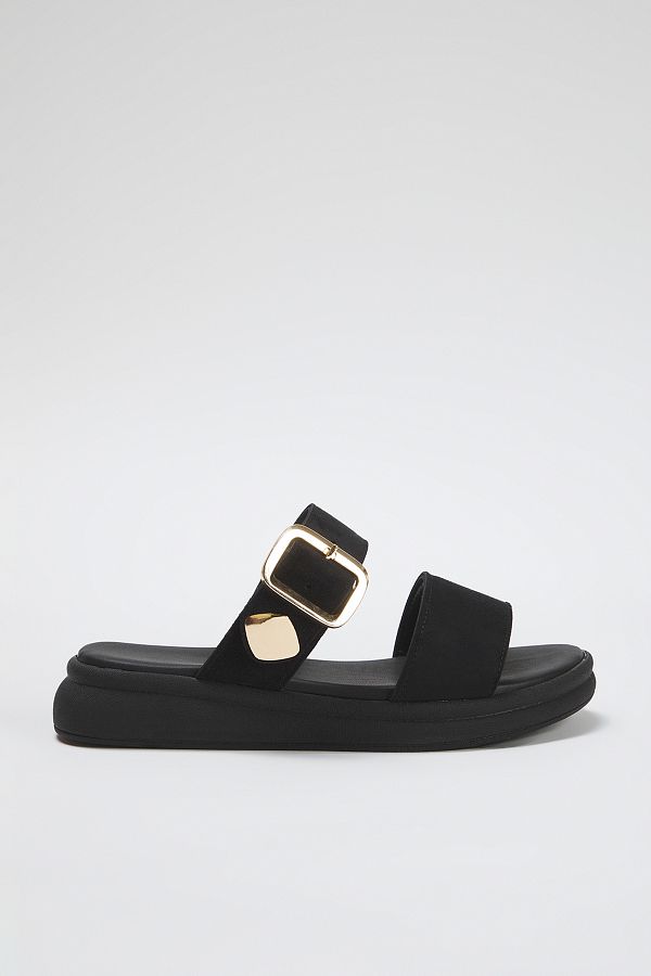 TRENDYOL SHOES-Black Suede Gold Buckle Flat Women's Slippers Takss25Te00006 1