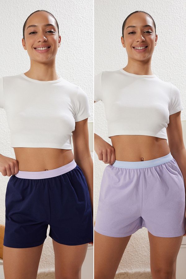 Trendyol Collection-2er-Pack gestrickte Pyjama-Unterhosen aus 100 % Baumwolle in Marineblau und Flieder – elastische Taille THMSS25PJ00004 1