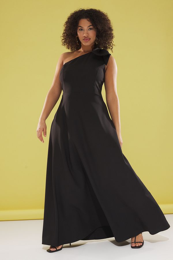 Trendyol Curve-Rochie de seară țesătă cu fundă neagră cu un singur umăr - Rochie de seară/de absolvire/de logodnă TBBSS25AH00053 1