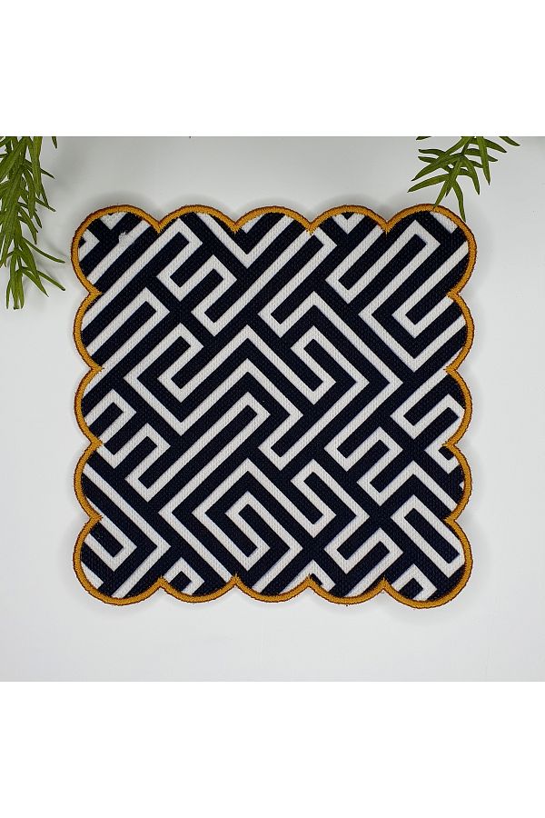 DECO-Digital Printed Fabric Cocktail Napkin with Geometric Line Pattern and Embroidery Around 1 Piece 1