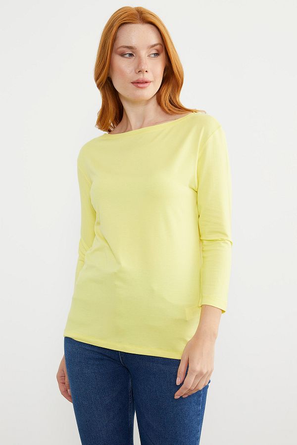 Sementa-Boat Neck Long Sleeve T-Shirt - Yellow 1